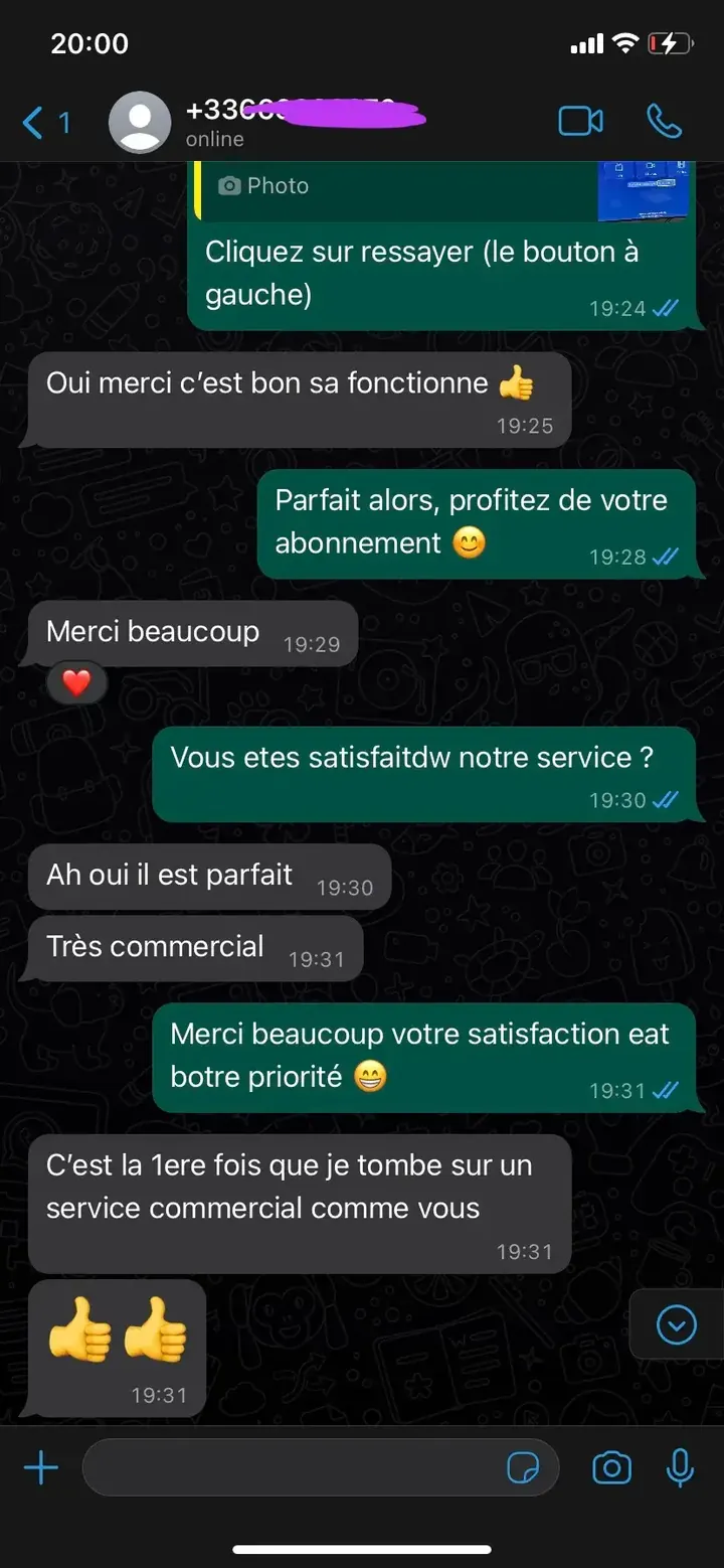 Avis client WhatsApp : première fois qu’il trouve un service commercial comme celui-ci.
