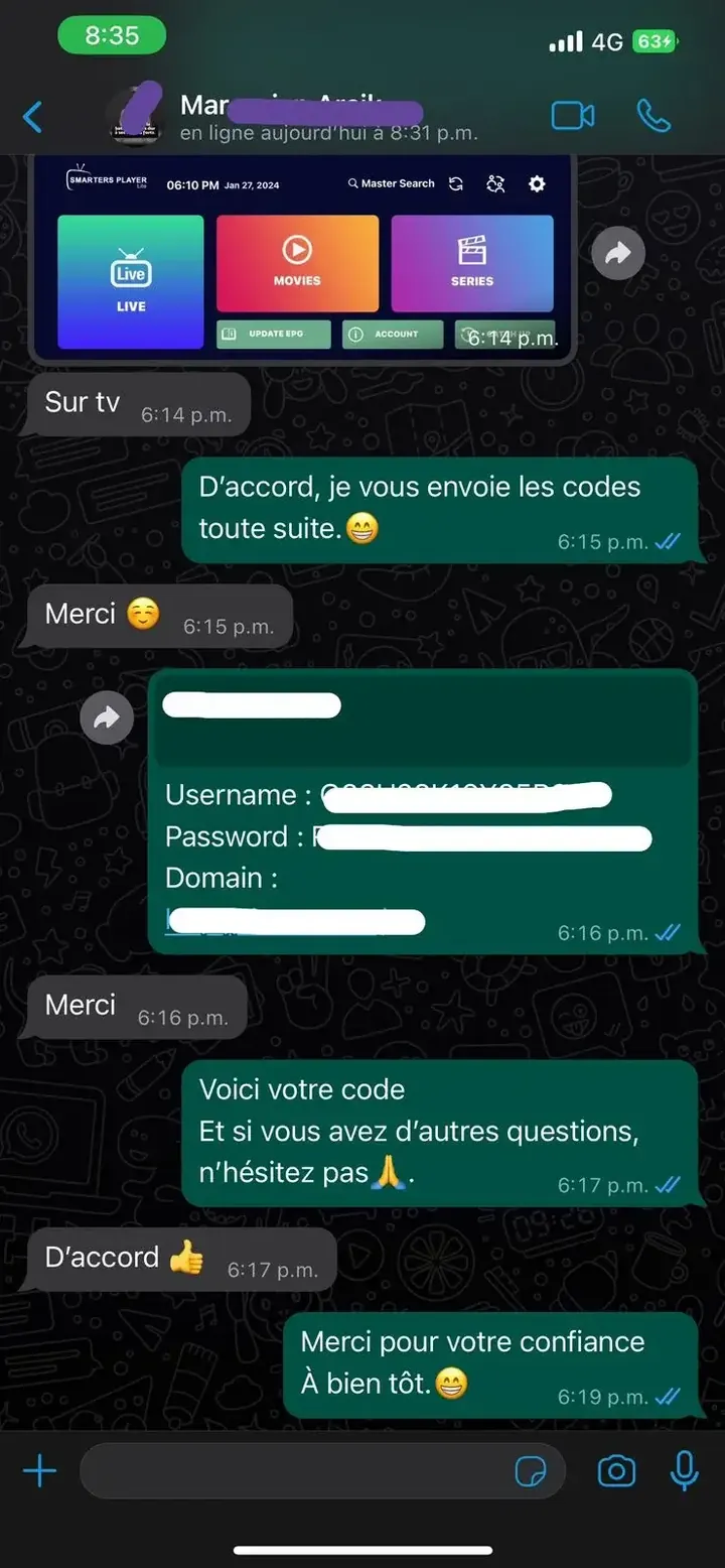 Avis client WhatsApp : installation réussie sur TV, codes envoyés.