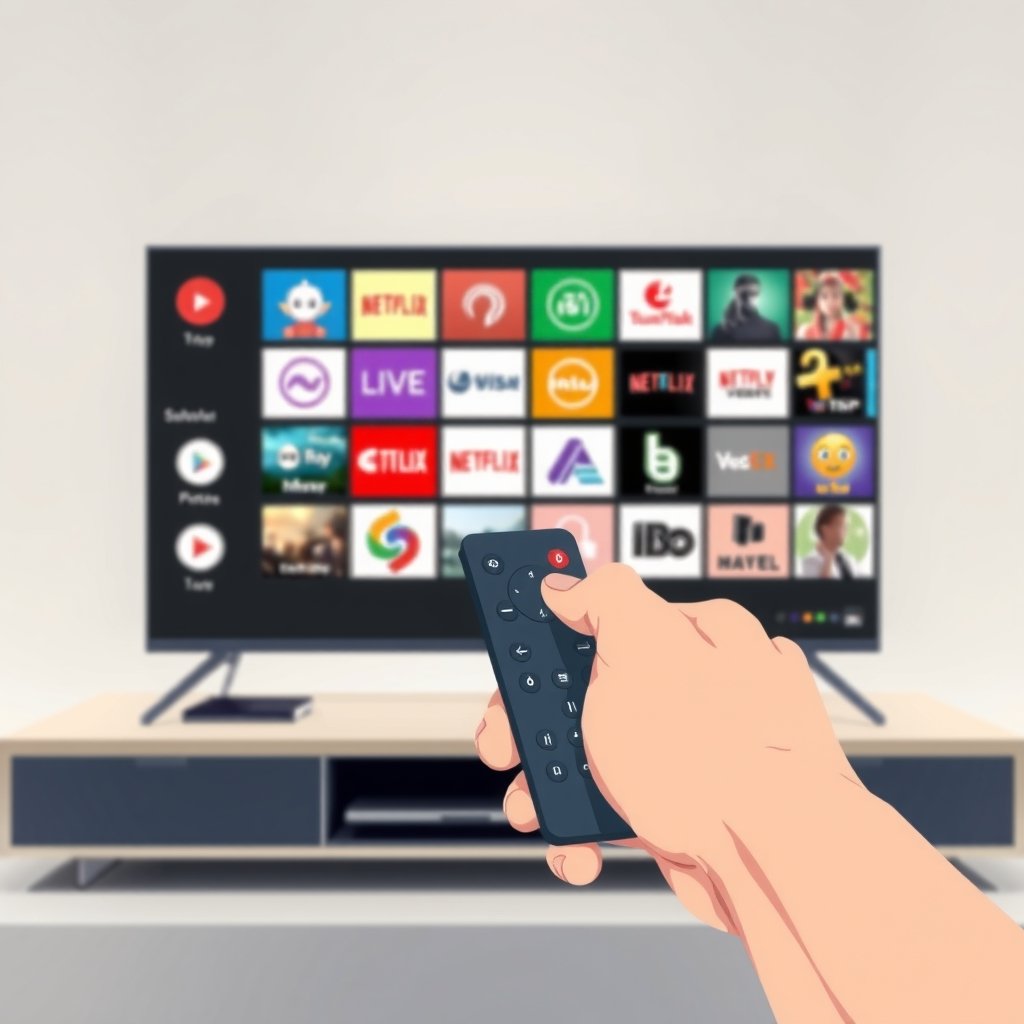 Illustration d'un écran de télévision moderne affichant des icônes de chaînes, symbolisant un abonnement IPTV de 12 mois.