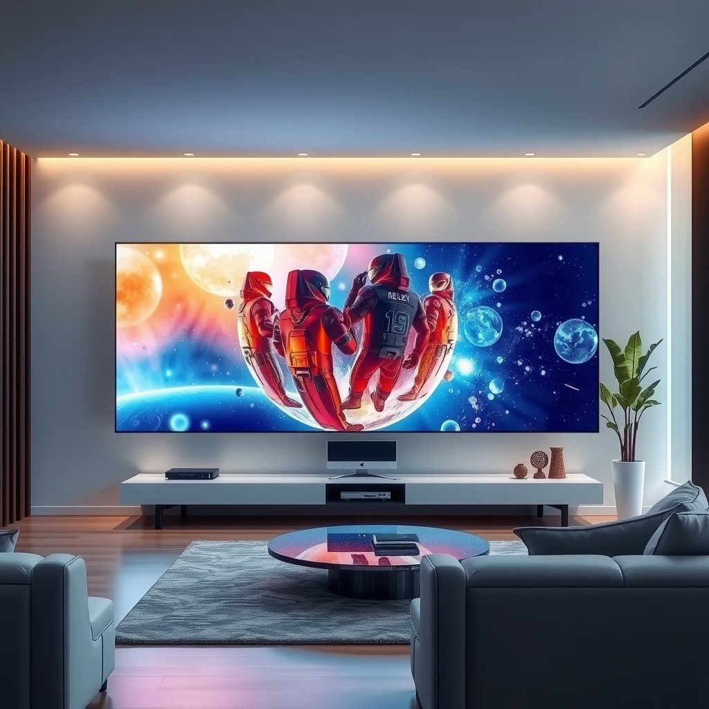 Un salon moderne et épuré avec une télévision 4K affichant une image de haute qualité, symbolisant une expérience télévisuelle ultime grâce à un abonnement IPTV.
