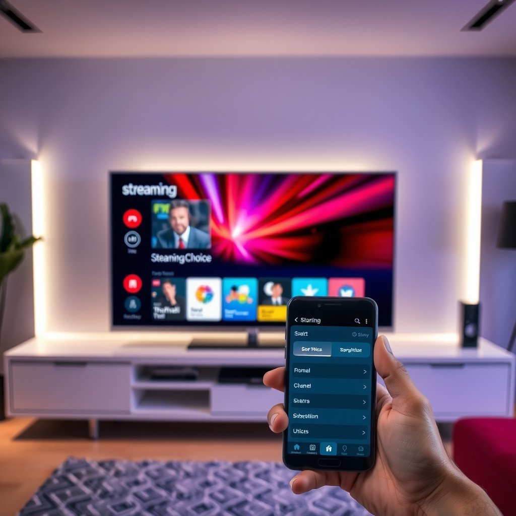 Illustration d'un salon moderne avec une télévision affichant une interface de streaming et un smartphone montrant un comparatif d'abonnements IPTV.