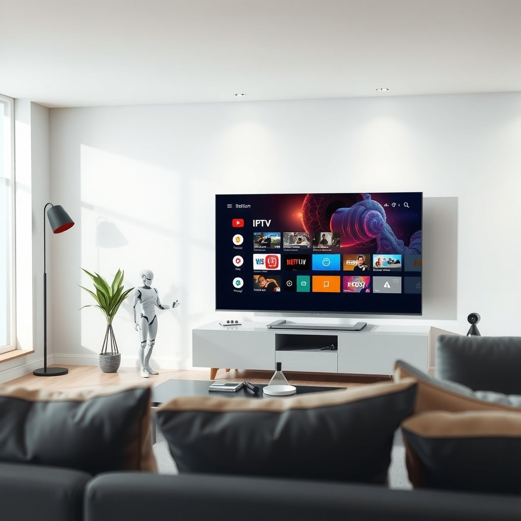 Illustration moderne et technologique d'un écran de télévision diffusant une interface d'application IPTV, symbolisant un abonnement Smarters Pro.