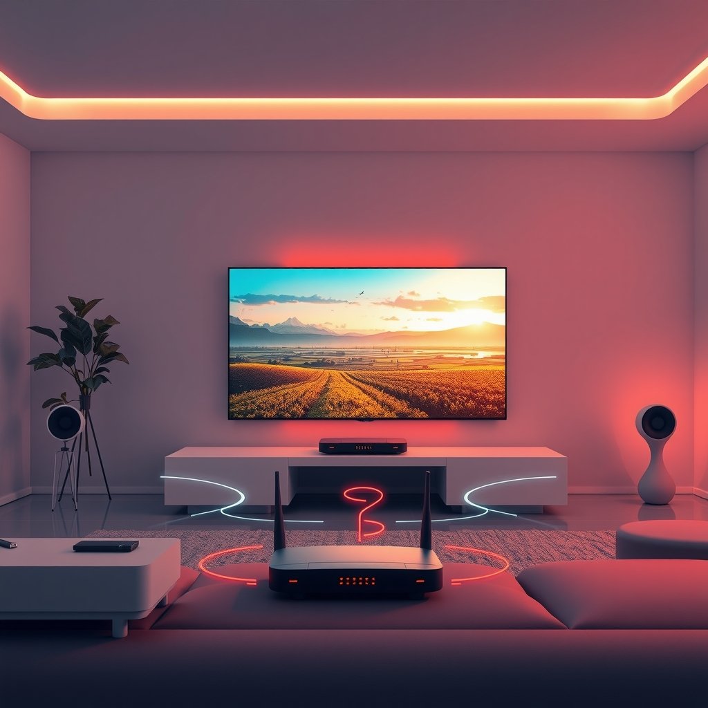 Illustration d'un salon moderne avec une télévision affichant un flux vidéo stable, symbolisant un abonnement IPTV fiable en 2026.