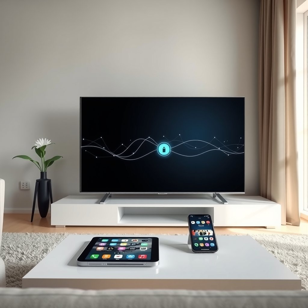 Illustration d'un salon moderne avec une télévision connectée, une tablette et un smartphone, symbolisant les services de streaming légaux et la technologie.