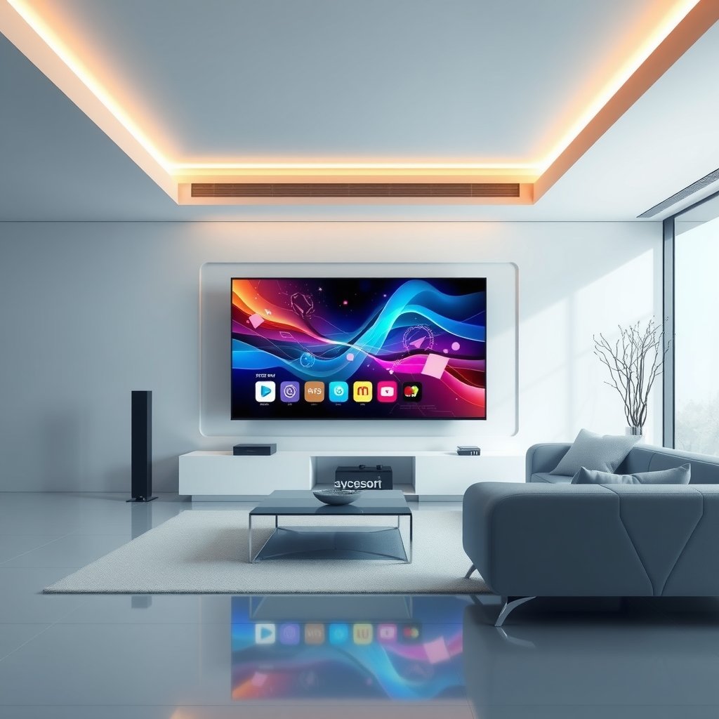 Illustration d'un salon moderne avec une télévision diffusant une interface de streaming IPTV de haute qualité, symbolisant la technologie et le divertissement légal en France.
