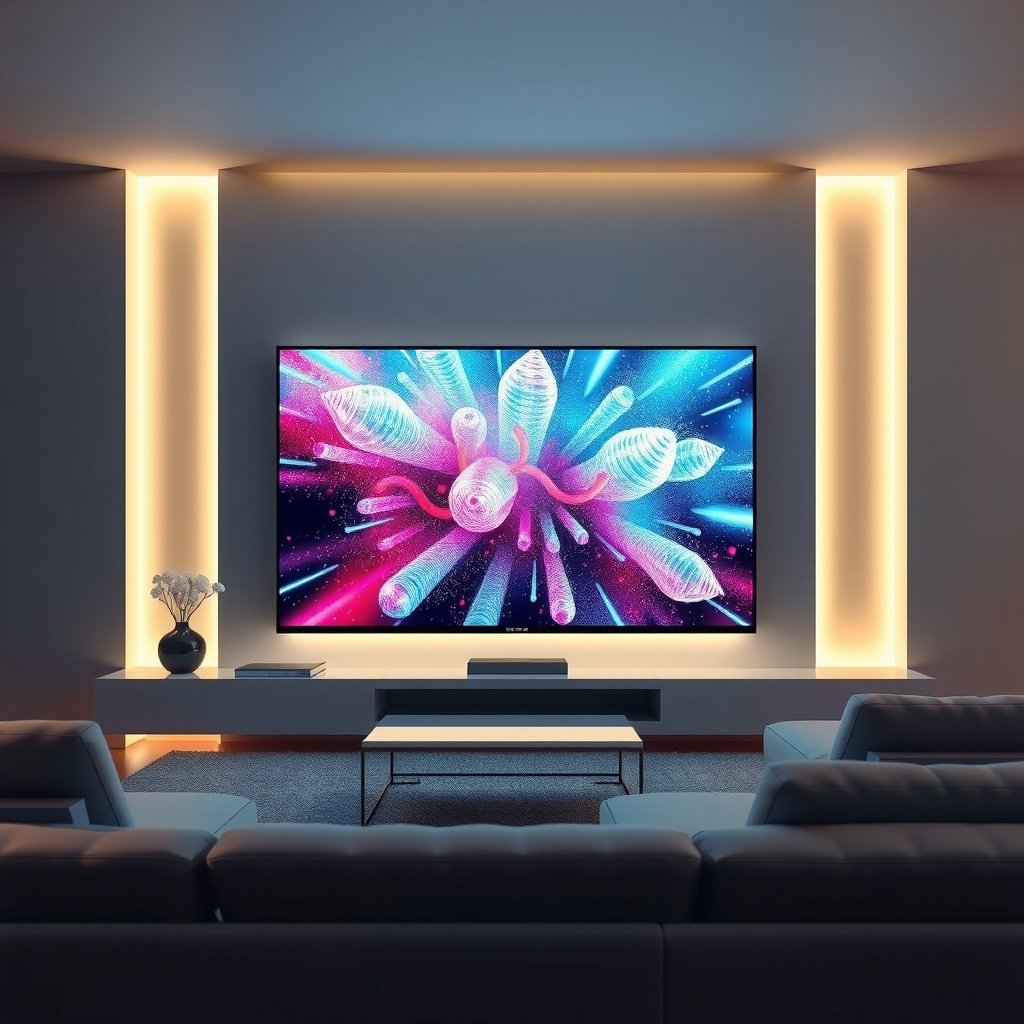 Illustration moderne et technologique représentant la télévision par protocole Internet (IPTV) avec un flux de contenu dynamique sur un écran haute définition, symbolisant la connectivité et le divertissement numérique.