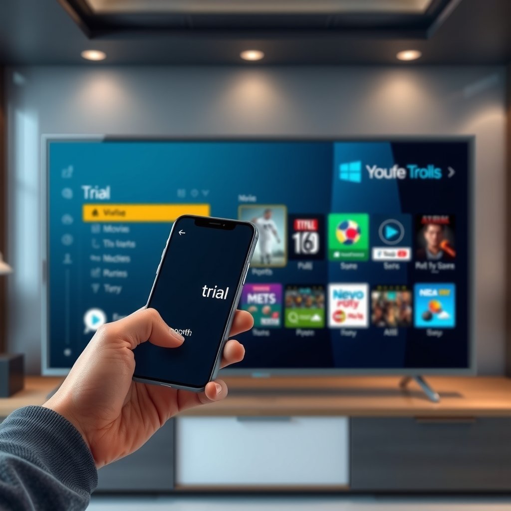 Illustration moderne et technologique d'une personne choisissant un essai d'un mois pour un service IPTV sur un écran de télévision intelligent, symbolisant un accès facile et sans engagement au contenu.
