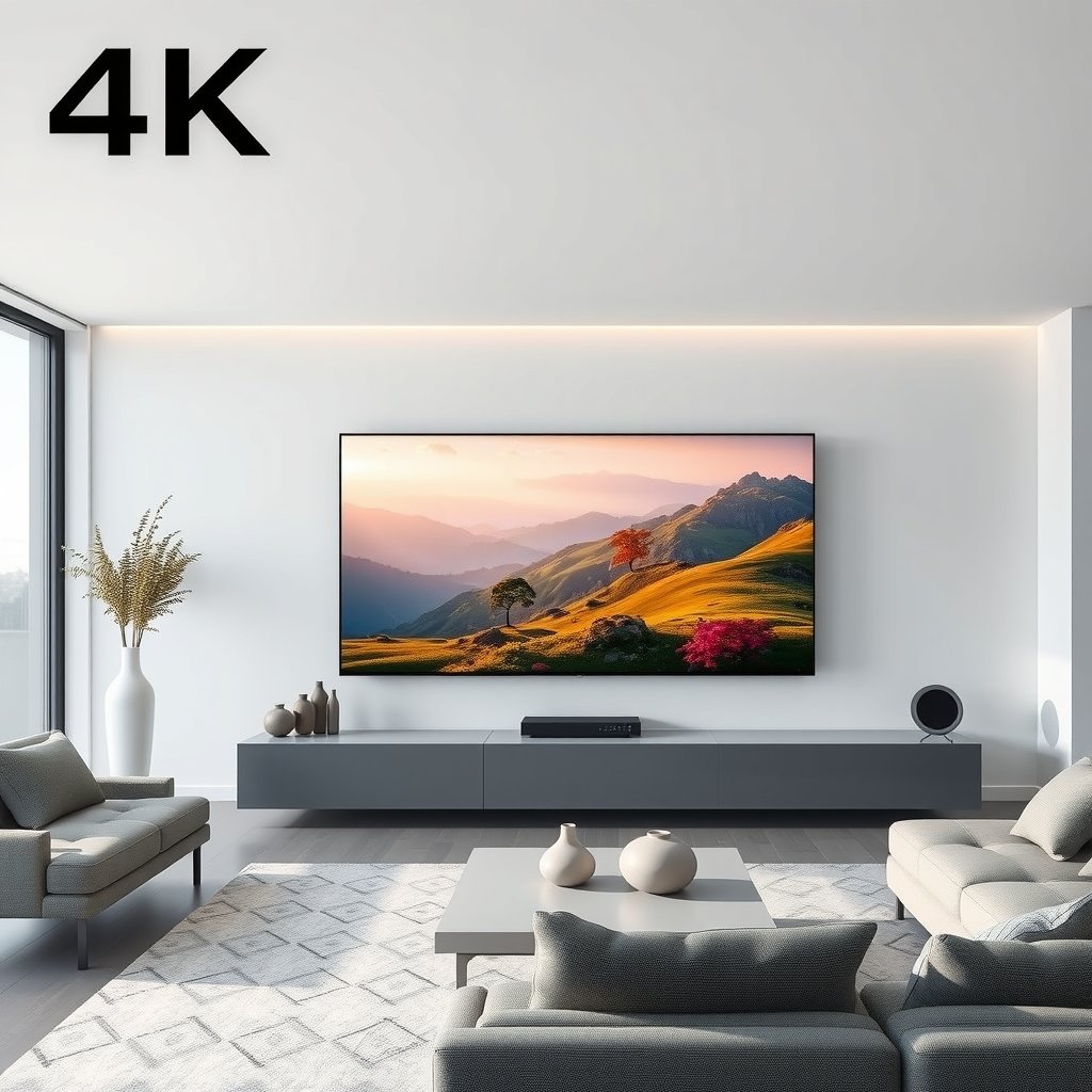 Un salon moderne avec une télévision affichant une image 4K de haute qualité, symbolisant l'expérience IPTV premium en France.