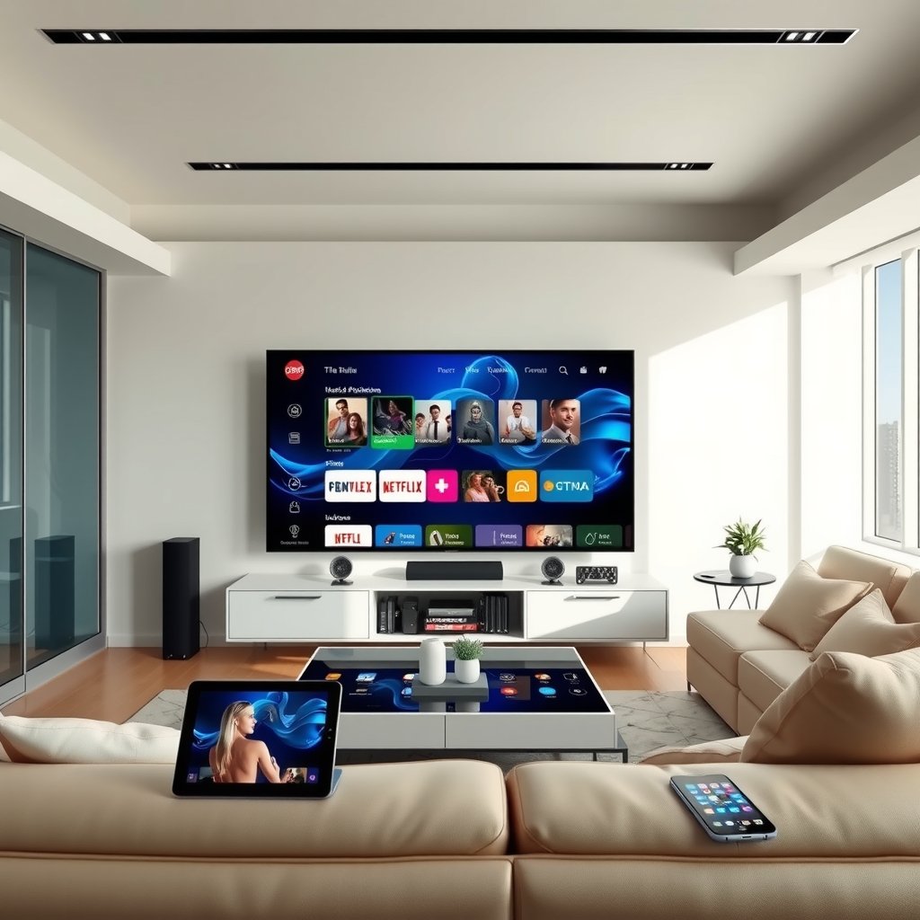 Illustration d'un salon moderne avec une télévision diffusant du contenu IPTV et des appareils connectés montrant une expérience multi-écran.