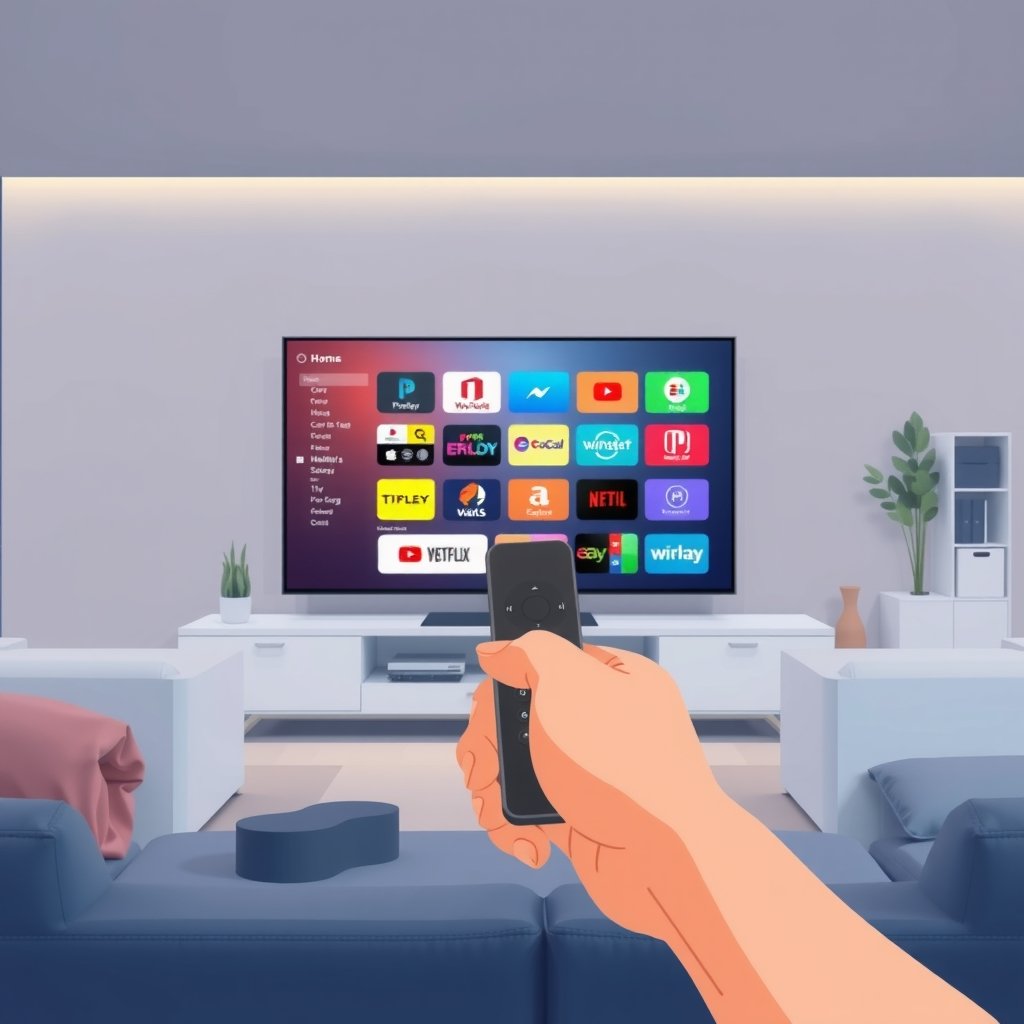 Illustration d'un salon moderne avec une interface de streaming sur un écran de télévision, symbolisant l'IPTV sur un appareil Fire TV Stick.