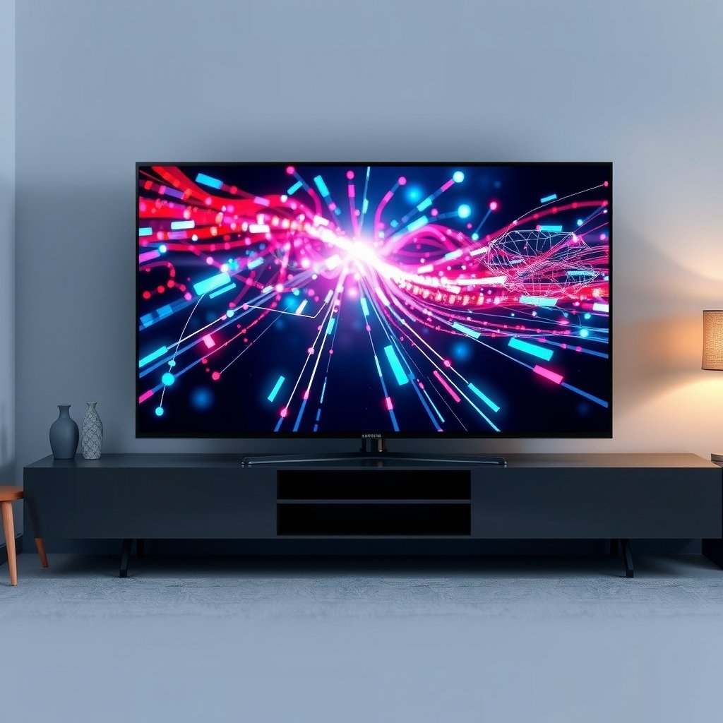 Illustration d'une Smart TV Samsung moderne affichant des flux de données stylisés, symbolisant l'univers de l'IPTV.