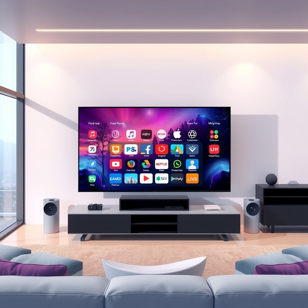 Illustration d'un salon moderne et technologique avec une télévision diffusant une interface IPTV de haute qualité, symbolisant un abonnement légal et fiable en France.