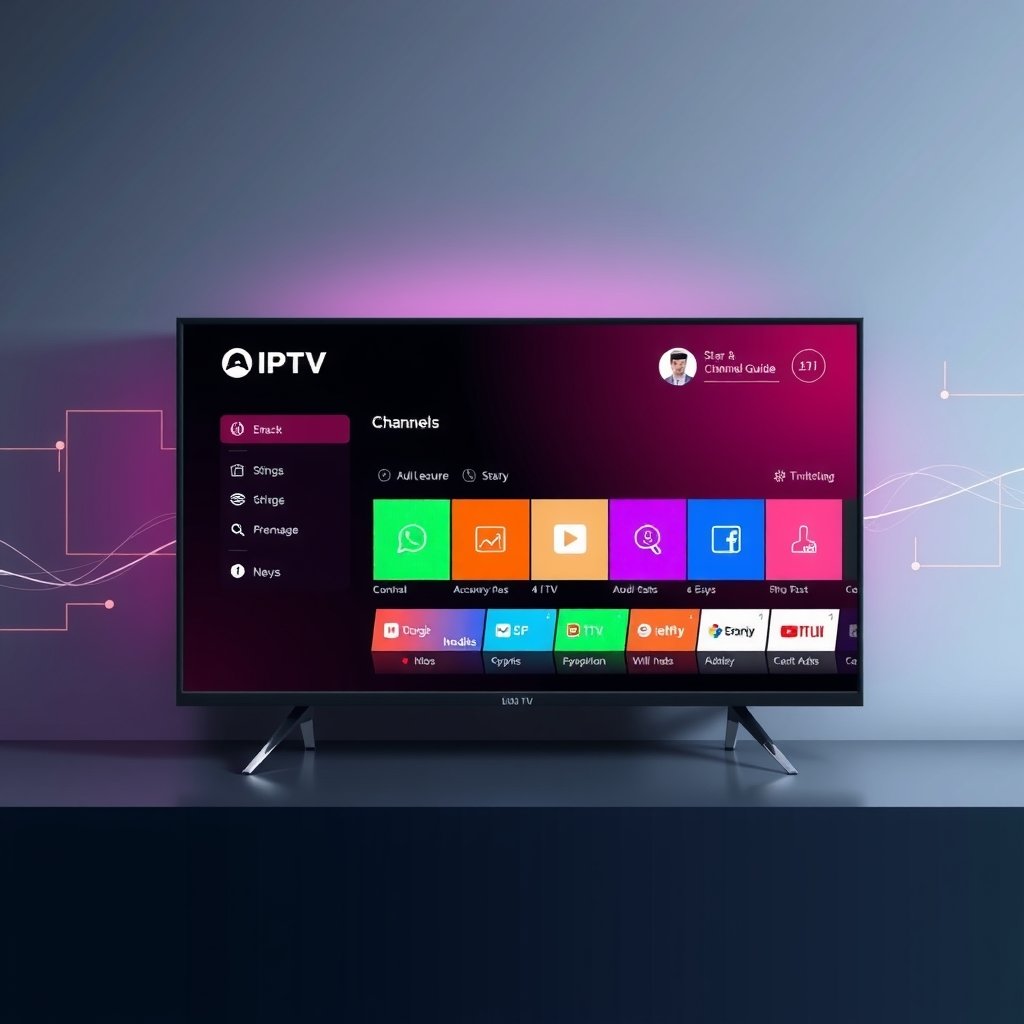 Illustration d'un écran de télévision moderne affichant une interface IPTV organisée et de haute qualité, symbolisant l'application TiviMate.