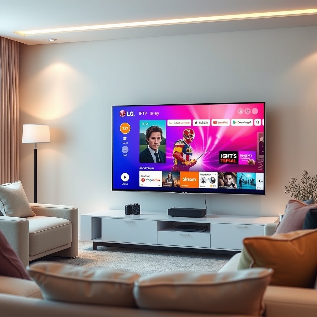 Une télévision LG moderne affichant une interface d'applications de streaming, installée dans un salon élégant, symbolisant l'optimisation pour l'IPTV.