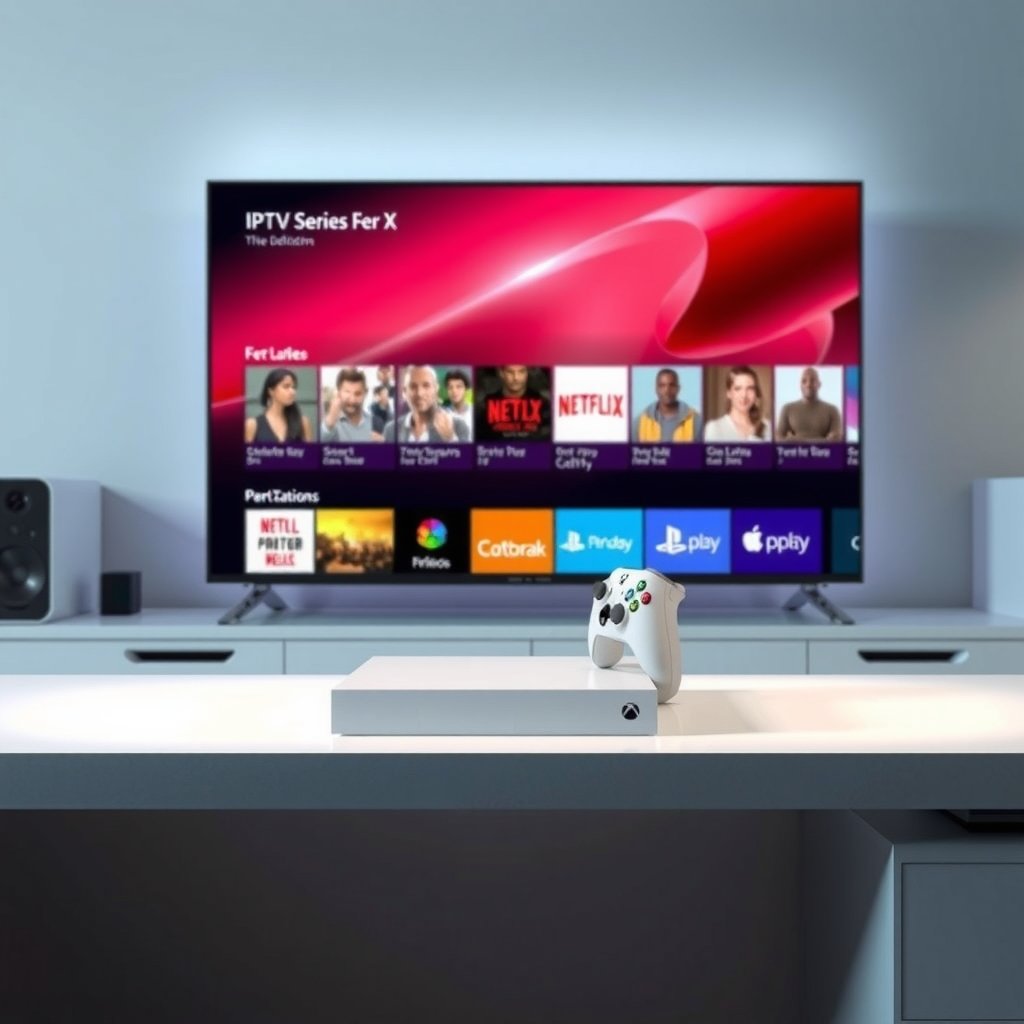 Une console Xbox Series X moderne connectée à une télévision affichant une interface de chaînes de télévision, symbolisant l'IPTV sur Xbox.