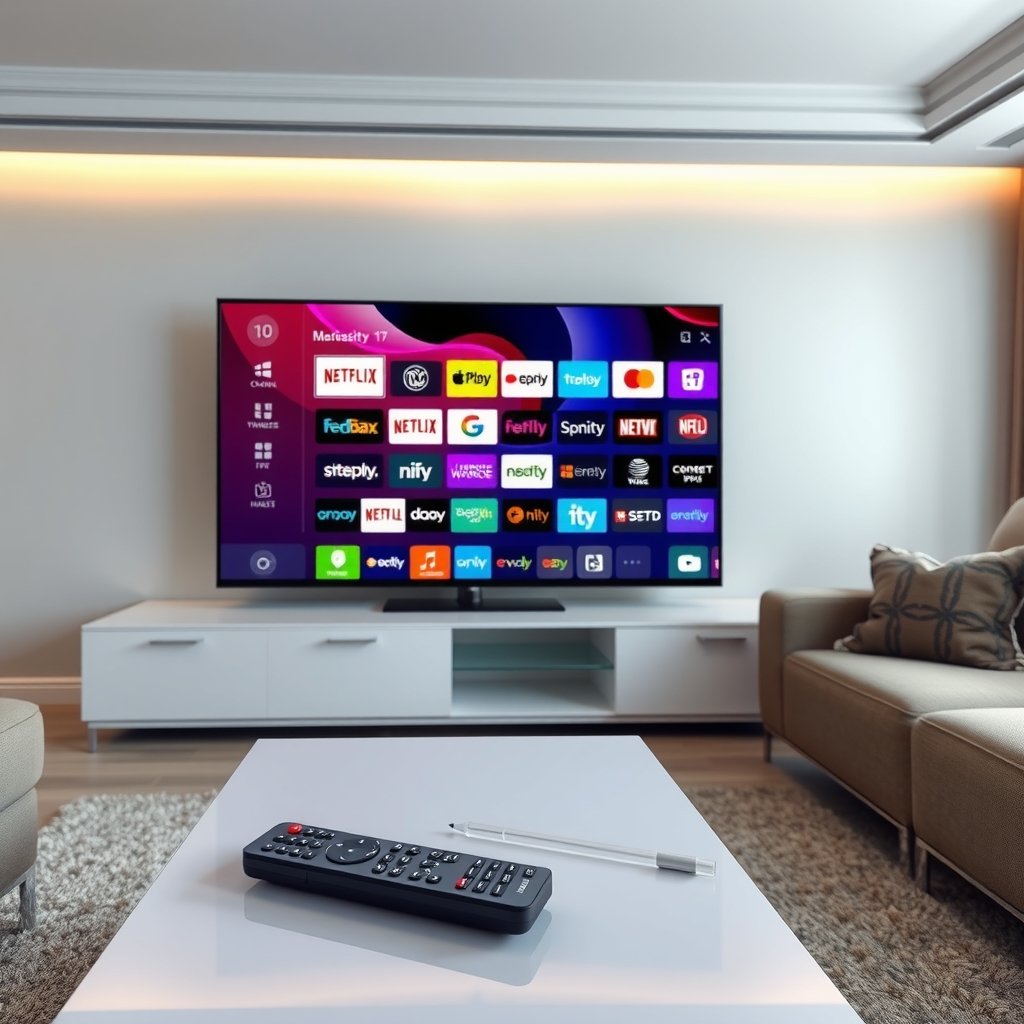Illustration d'un salon moderne avec une télévision affichant une interface de lecteur IPTV, symbolisant une expérience de streaming optimale.