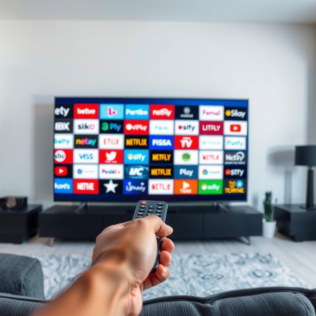 Illustration d'un salon moderne avec une télévision affichant une grille de chaînes IPTV, symbolisant l'accès légal et sécurisé au contenu.