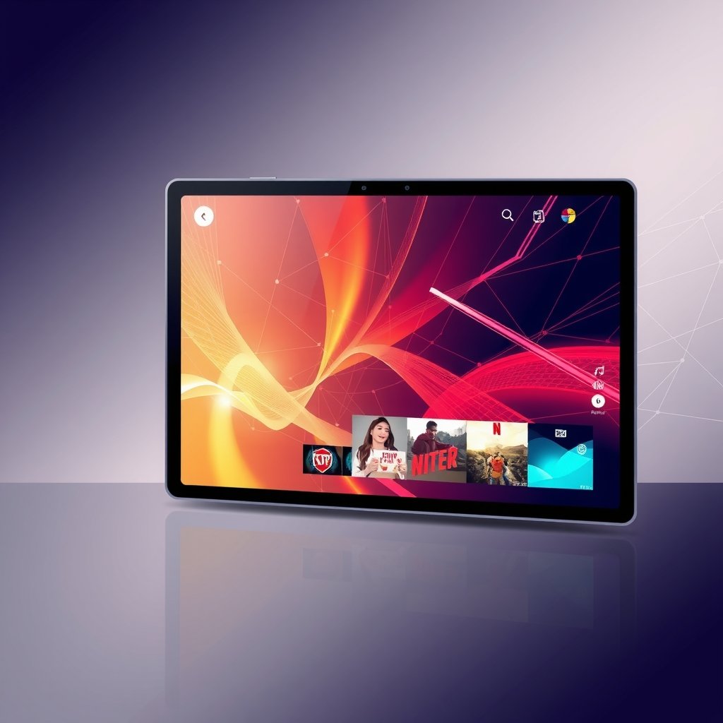 Illustration d'une interface d'application IPTV moderne et épurée sur un écran de tablette, symbolisant un streaming vidéo de haute qualité et une expérience technologique avancée.