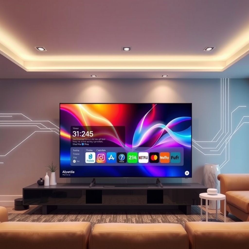 Illustration moderne et technologique d'un salon avec une télévision diffusant une interface IPTV avancée, symbolisant la performance et la fiabilité des services en 2026.