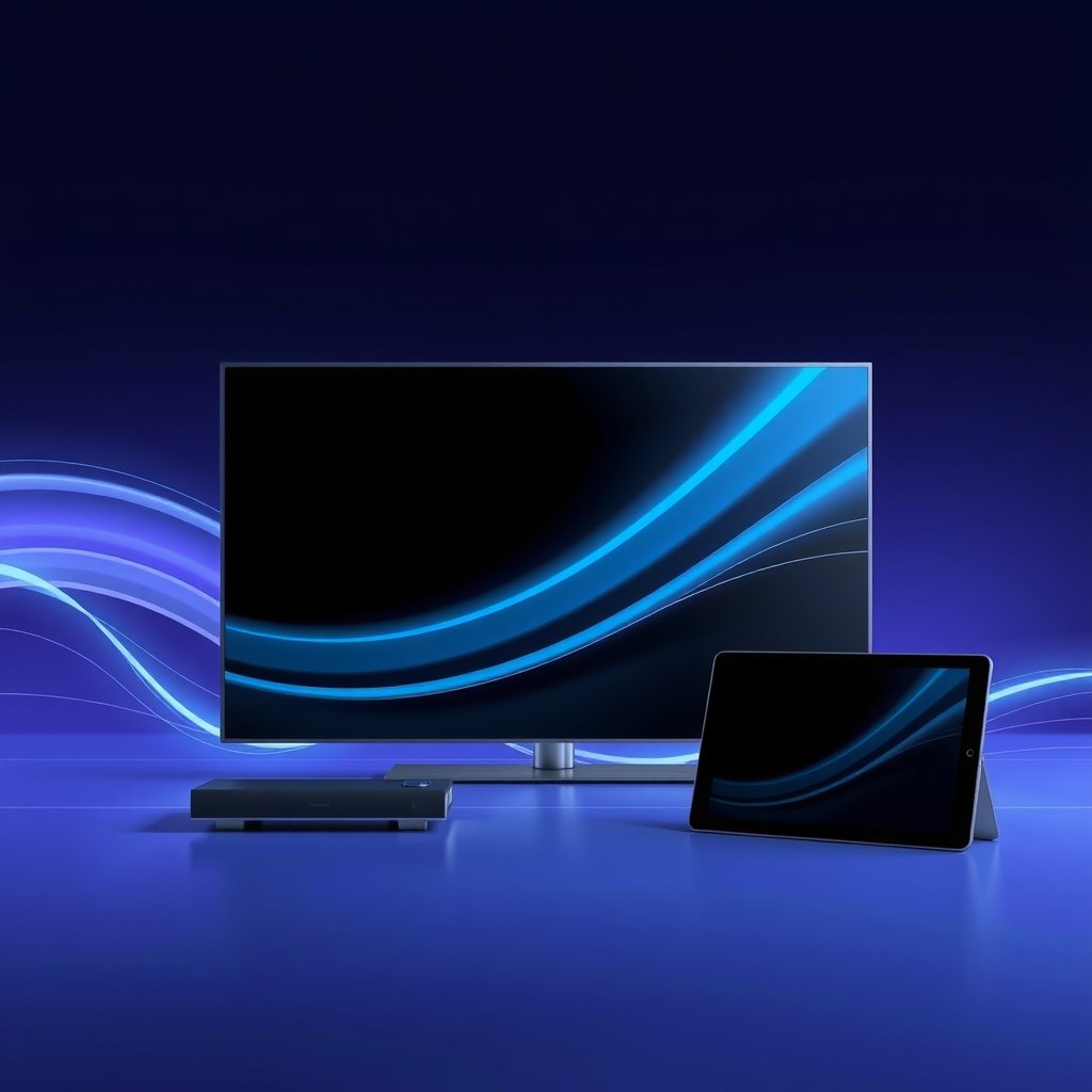Illustration technologique moderne représentant des flux de données numériques entre des appareils intelligents pour symboliser les lecteurs IPTV.
