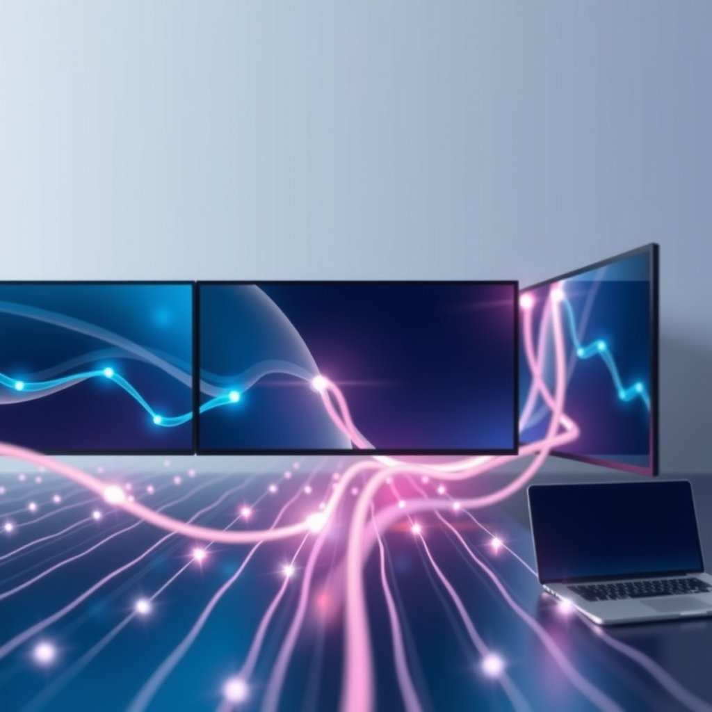 Illustration technologique abstraite représentant le streaming IPTV premium avec des lignes lumineuses et une palette de couleurs sophistiquée.