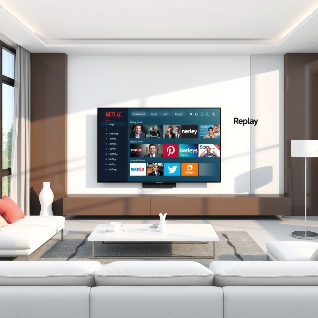 Illustration d'un salon moderne avec une télévision affichant une interface de replay IPTV, symbolisant l'accès facile au contenu à la demande.