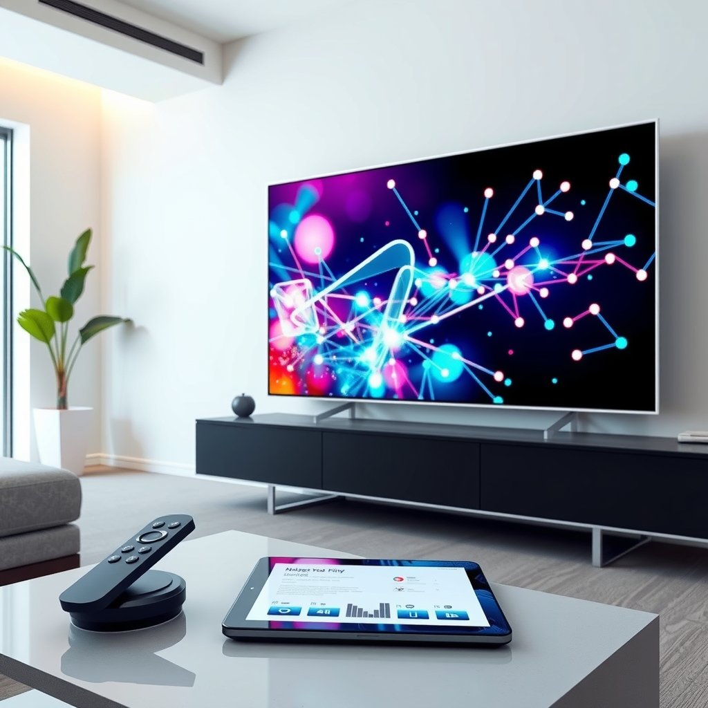 Illustration d'un salon moderne en 2026 avec une télévision affichant des flux de données, symbolisant le lecteur multimédia SmartOne IPTV.