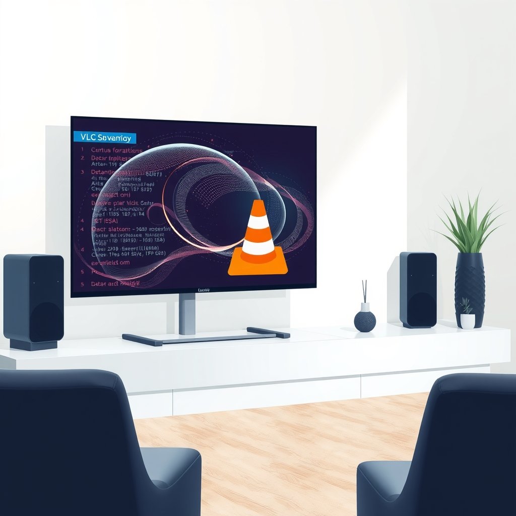 Illustration moderne et technologique montrant un écran d'ordinateur affichant des flux vidéo abstraits, symbolisant l'utilisation de VLC pour le streaming IPTV, avec une ambiance épurée et professionnelle.