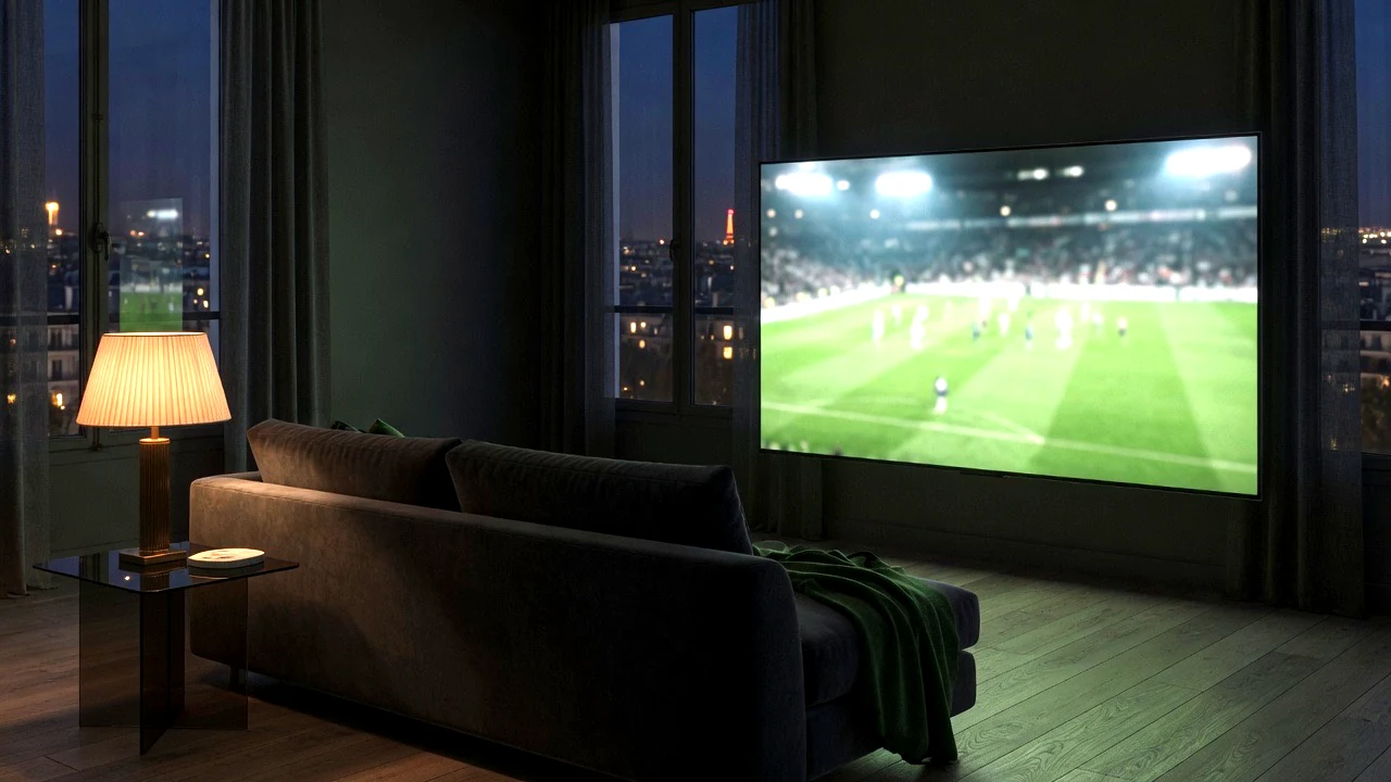 Grand écran OLED dans un salon sombre, lumière d’un match en direct.